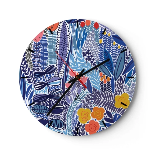 Wanduhr - Glasuhr - Farbenfrohes Pflanzenmotiv im grafischen Stil - 30x30cm - Hawaiianischer Garten - Moderne Wanddekoration für Wohnzimmer, Küche und Schlafzimmer ARTTOR