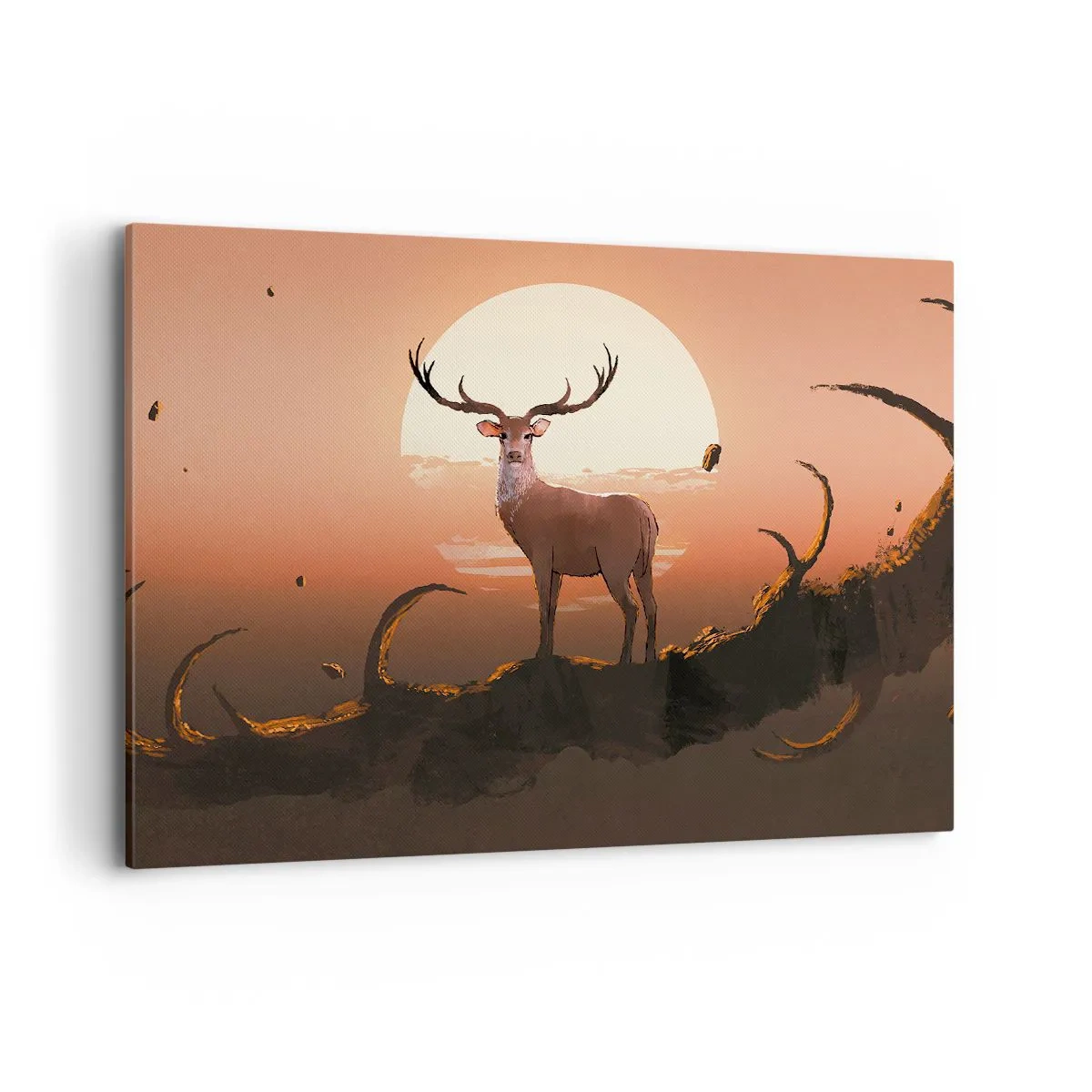 Bild auf Leinwand - Leinwandbild - Ein Hirsch vor dem Hintergrund der untergehenden Sonne und einer surrealen Landschaft - 100x70cm - Diese Nacht ist anders als jede andere - Moderne Wanddekoration für Wohnzimmer und Schlafzimmer ARTTOR