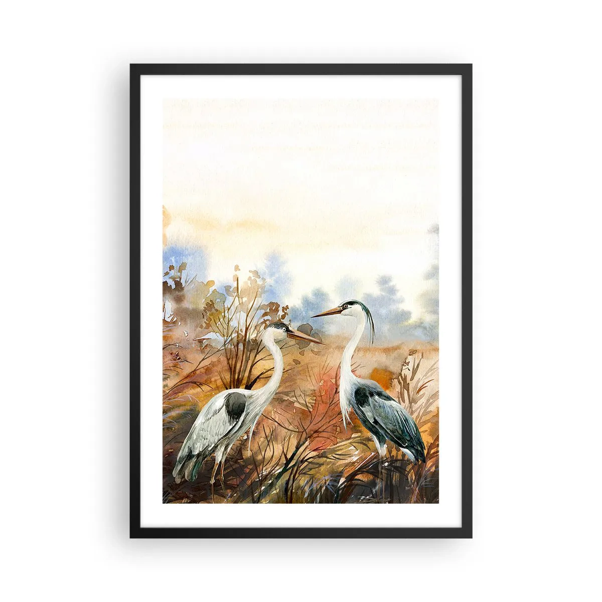 Poster in einem schwarzem Rahmen - Kraniche vor dem Hintergrund einer herbstlichen Landschaft in Aquarell - 50x70cm - Wohin im Herbst? - Moderne Wanddekoration für Wohnzimmer und Schlafzimmer ARTTOR