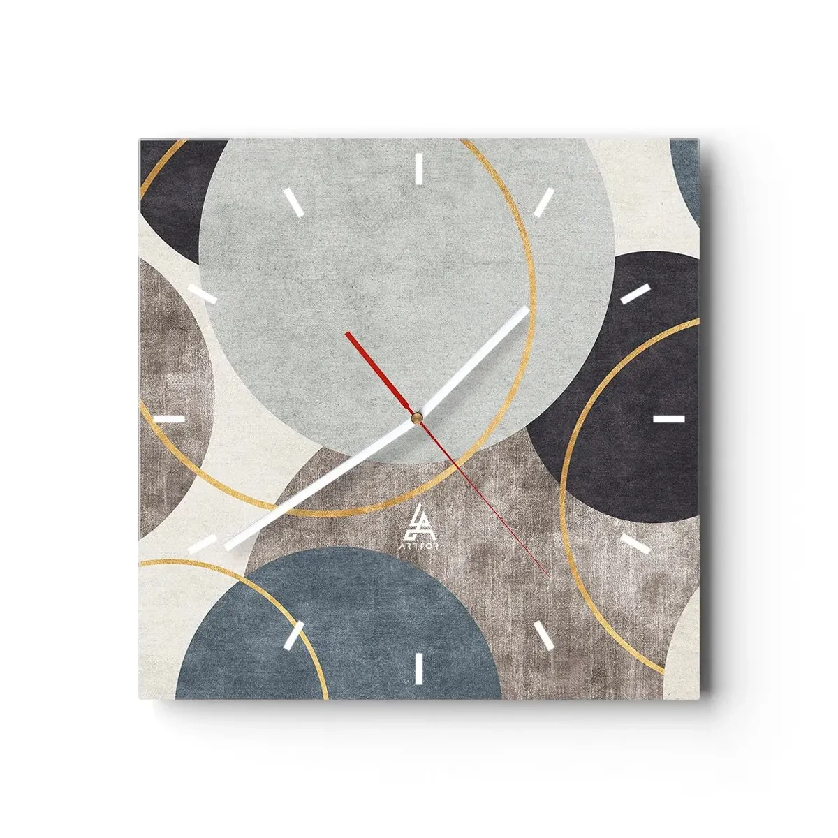 Wanduhr - Glasuhr - Geometrische Kreise in Grau-, Blau- und Goldtönen - 30x30cm - Rad für Rad - Moderne Wanddekoration für Wohnzimmer und Schlafzimmer ARTTOR