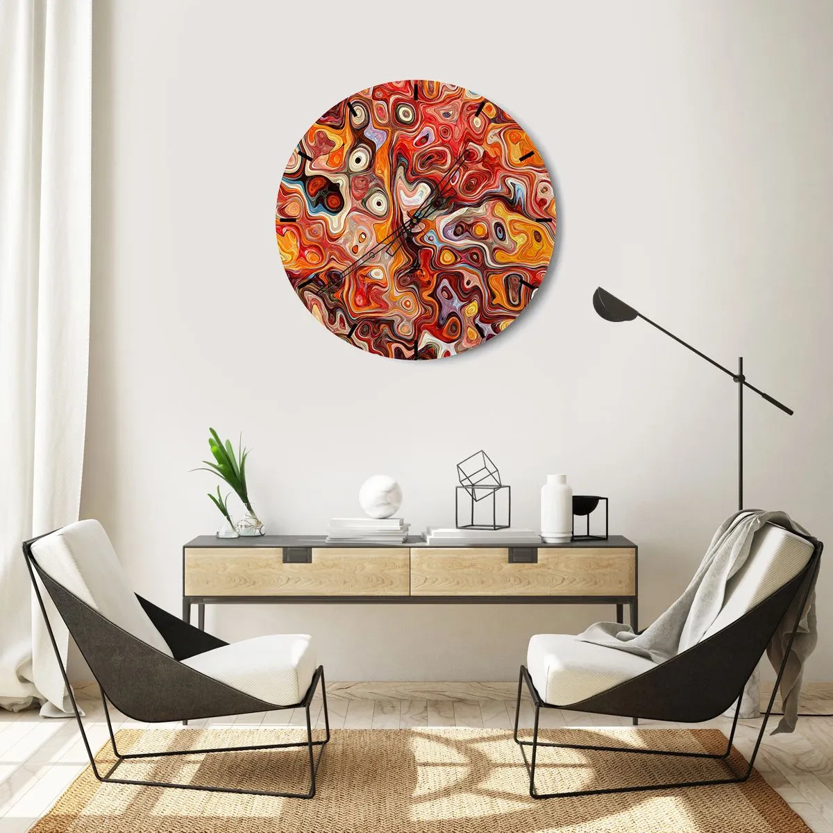 Wanduhr - Glasuhr - Abstraktes Muster in Rot-, Orange- und Gelbtönen - 30x30cm - Wenn die Nüsse in Honig geschmolzen sind - Moderne Wanddekoration für Wohnzimmer, Küche und Schlafzimmer ARTTOR