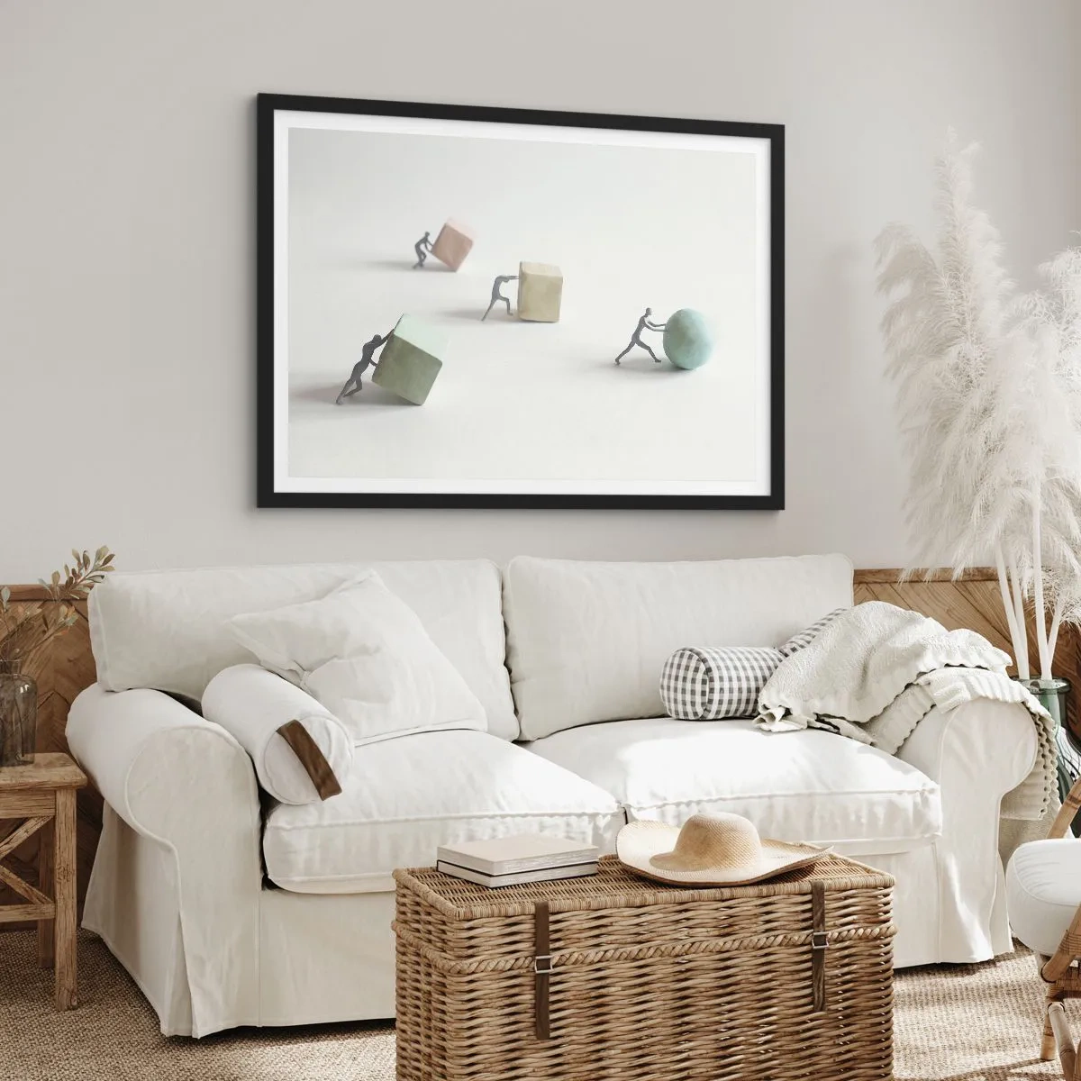 Poster in einem schwarzem Rahmen - Miniaturfiguren, die Formen vor einem hellen Hintergrund schieben - 100x70cm - Pures Leben - Moderne Wanddekoration für Wohnzimmer und Schlafzimmer ARTTOR