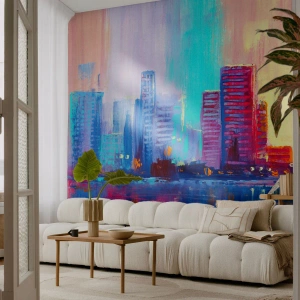 Fototapete Premium Sand - Eine farbenfrohe abstrakte Stadtlandschaft, die sich im Wasser spiegelt - 100x70cm - In Farben getaucht - Moderne Wanddekoration für Wohnzimmer und Schlafzimmer ARTTOR