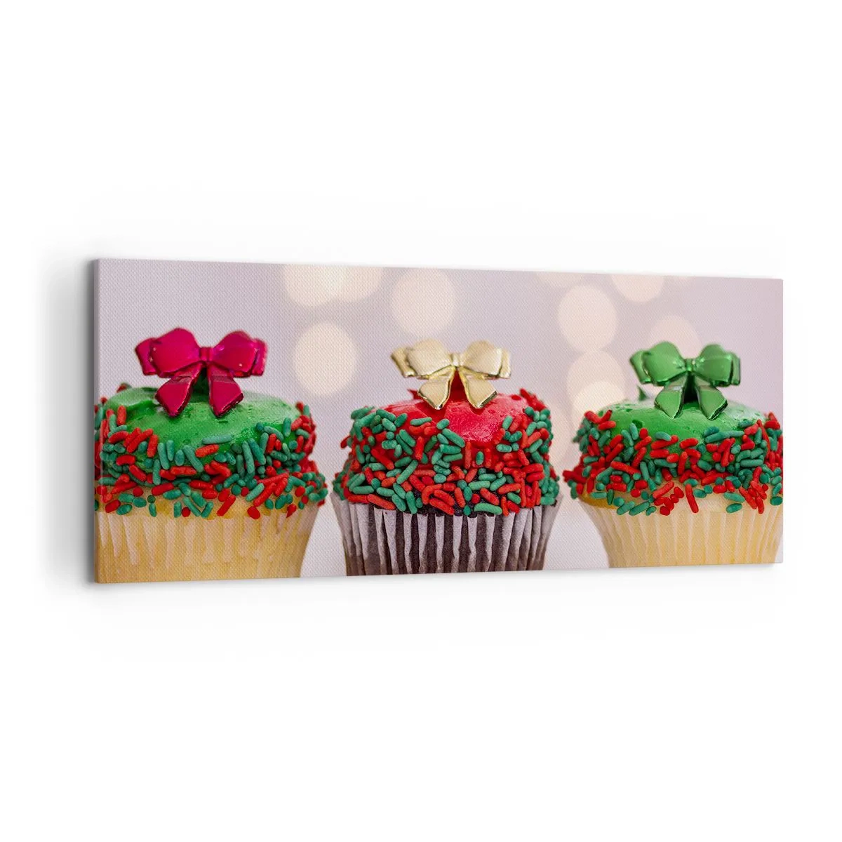 Bild auf Leinwand - Leinwandbild - Weihnachts-Cupcakes mit bunten Streuseln und Schleifen - 120x50cm - Süßigkeiten bis zu der Schleife - Moderne Wanddekoration für Wohnzimmer und Schlafzimmer ARTTOR