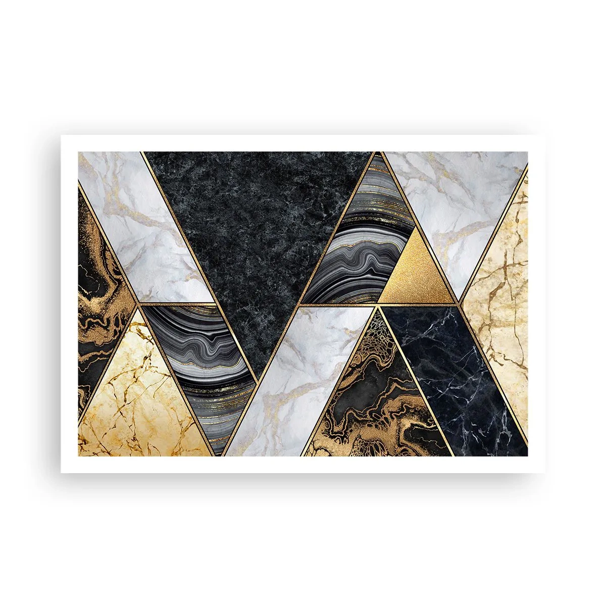 Poster - Geometrische Dreiecke in Gold, Marmor und dunklen Farbtönen - 100x70cm - Stein um Stein - Moderne Wanddekoration für Wohnzimmer und Schlafzimmer ARTTOR
