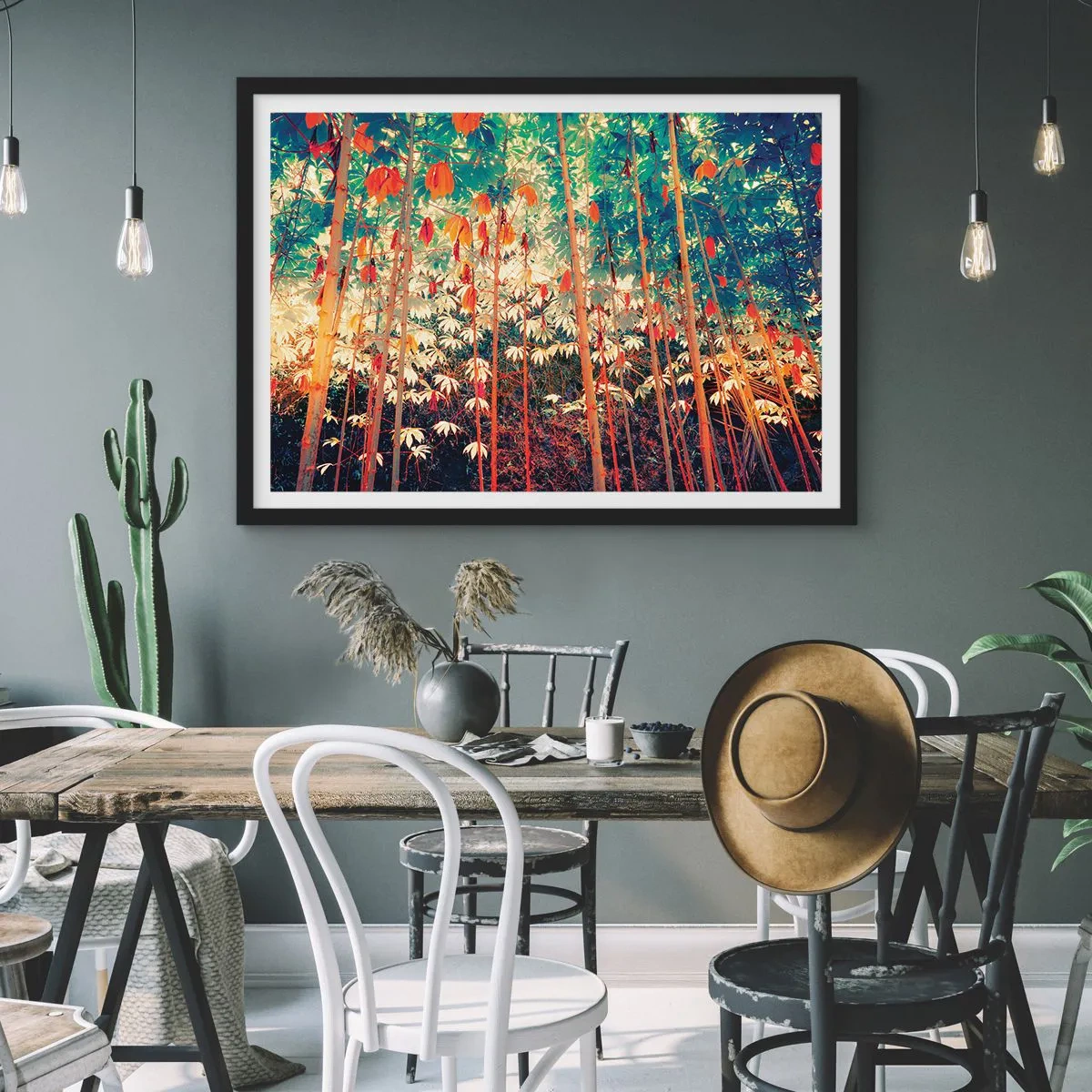 Poster in einem schwarzem Rahmen - Ein bunter Bambuswald mit intensiven Farben - 70x50cm - Das geheime Leben der Blätter - Moderne Wanddekoration für Wohnzimmer und Schlafzimmer ARTTOR