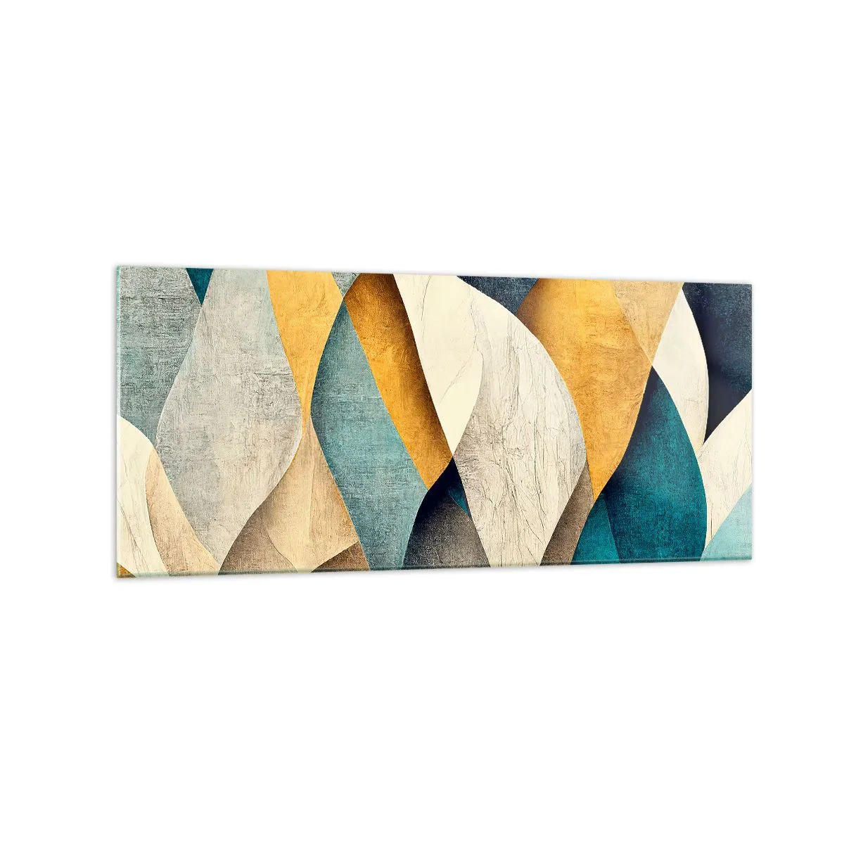 Glasbild - Bild auf glas - Abstrakte Wellen in Blau- und Goldtönen - 120x50cm - Rhythmus und Welle - Moderne Wanddekoration für Wohnzimmer und Schlafzimmer ARTTOR