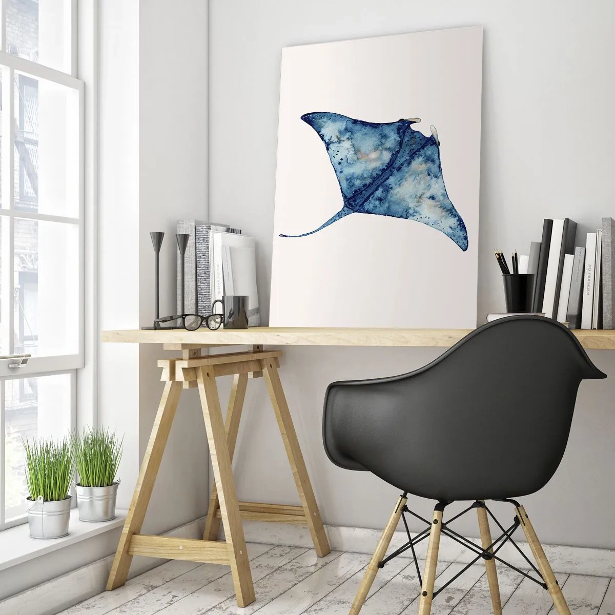 Glasbild - Bild auf glas - Blauer Stachelrochen im Aquarellstil auf weißem Hintergrund - 70x100cm - Leben im Blau - Moderne Wanddekoration für Wohnzimmer und Schlafzimmer ARTTOR