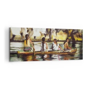 Bild auf Leinwand - Leinwandbild - Frauen in einem Boot auf einem ruhigen Fluss mit malerischer Kulisse - 120x50cm - In einem polynesischen Paradies - Moderne Wanddekoration für Wohnzimmer und Schlafzimmer ARTTOR