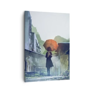 Bild auf Leinwand - Leinwandbild - Eine Figur mit einem Regenschirm in einer verregneten Stadt - 50x70cm - Belebender Regen - Moderne Wanddekoration für Wohnzimmer und Schlafzimmer ARTTOR