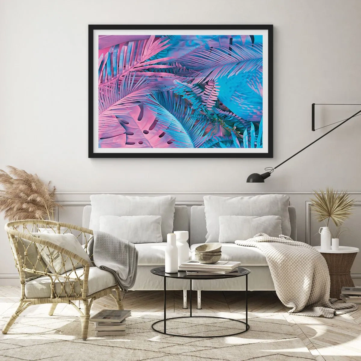 Poster in einem schwarzem Rahmen - Tropische Blätter in Rosa- und Blautönen - 70x50cm - Tropen in Rosa und Blau - Moderne Wanddekoration für Wohnzimmer und Schlafzimmer ARTTOR