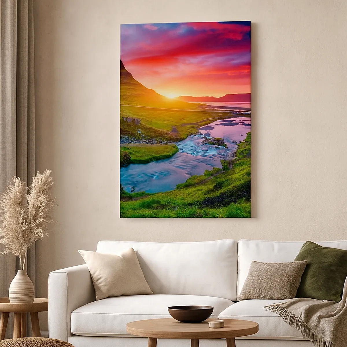 Bild auf Leinwand - Leinwandbild - Malerischer Wasserfall und Berg bei Sonnenuntergang - 50x70cm - Island - Feuer und Wasser - Moderne Wanddekoration für Wohnzimmer und Schlafzimmer ARTTOR