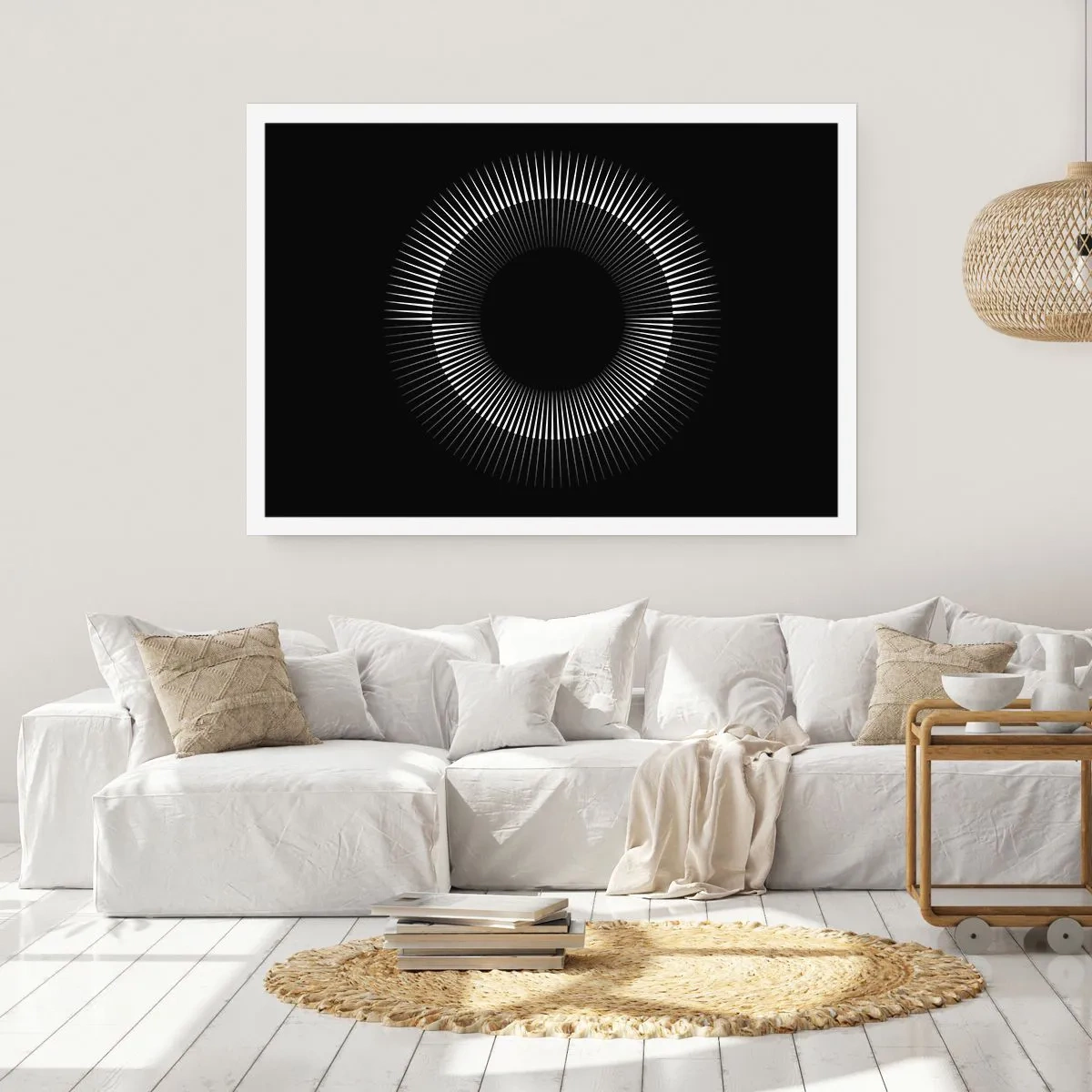 Poster - Grafischer Kreis mit Strahlen in Schwarz und Weiß - 100x70cm - Schwarze Sonne - Moderne Wanddekoration für Wohnzimmer und Schlafzimmer ARTTOR