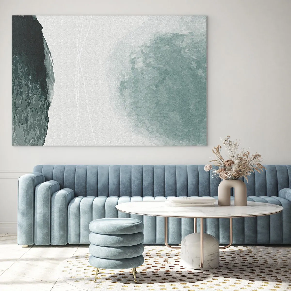 Glasbild - Bild auf glas - Grüne abstrakte Formen auf einem hellen Hintergrund, der an Nebel erinnert - 120x80cm - Begegnung mit Nebel - Moderne Wanddekoration für Wohnzimmer und Schlafzimmer ARTTOR