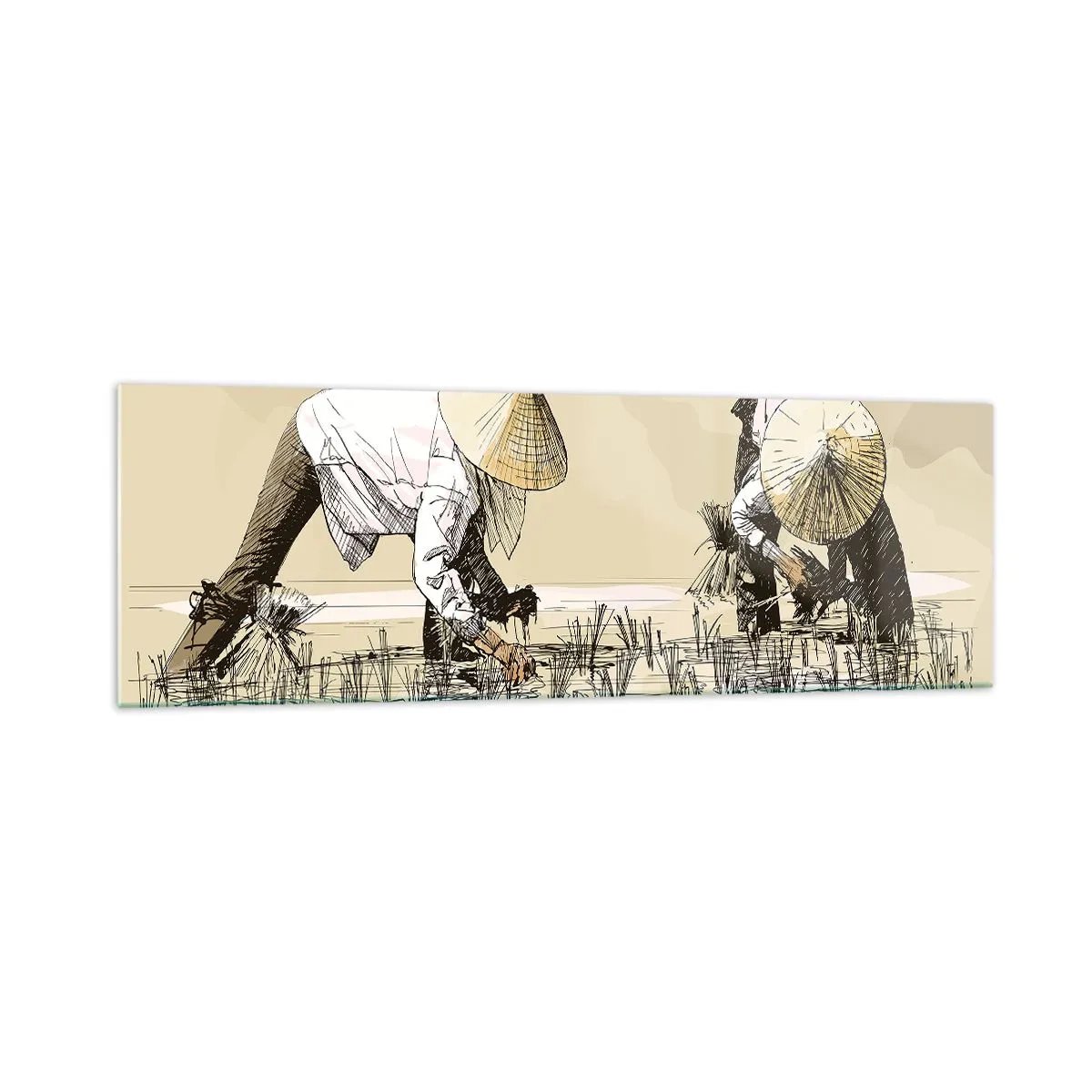 Glasbild - Bild auf glas - Bauern bei der Arbeit auf einem Reisfeld mit traditioneller Kopfbedeckung - 160x50cm - Erfolgreiche Ernte - Moderne Wanddekoration für Wohnzimmer und Schlafzimmer ARTTOR