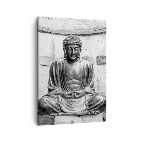 Bild auf Leinwand - Leinwandbild - Schwarz-weiße Buddha-Statue in meditativer Pose - 50x70cm - An der Quelle des Friedens - Moderne Wanddekoration für Wohnzimmer und Schlafzimmer ARTTOR
