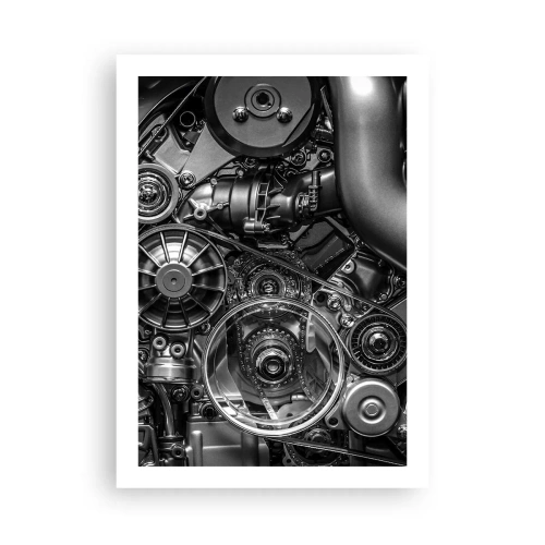 Poster - Detaillierte Nahaufnahme der mechanischen Komponenten des Motors in Schwarzweiß - 50x70cm - Die Poesie der Mechanik - Moderne Wanddekoration für Wohnzimmer und Schlafzimmer ARTTOR