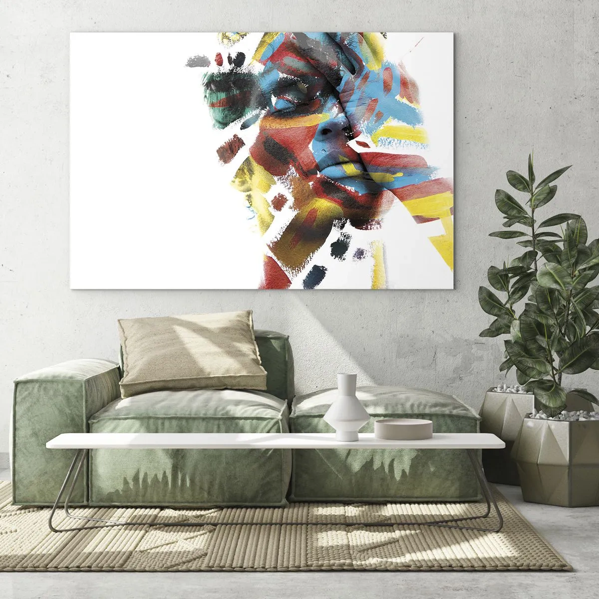 Glasbild - Bild auf glas - Portrait mit abstrakten, farbigen Akzenten im Gesicht - 100x70cm - Eine bunte Persönlichkeit - Moderne Wanddekoration für Wohnzimmer und Schlafzimmer ARTTOR