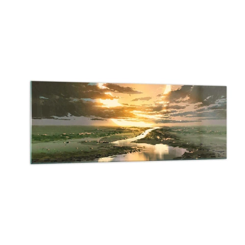 Glasbild - Bild auf glas - Eine fantastische Landschaft mit zwei Monden am Horizont - 140x50cm - Irgendwo in einer weit, weit entfernten Galaxie - Moderne Wanddekoration für Wohnzimmer und Schlafzimmer ARTTOR