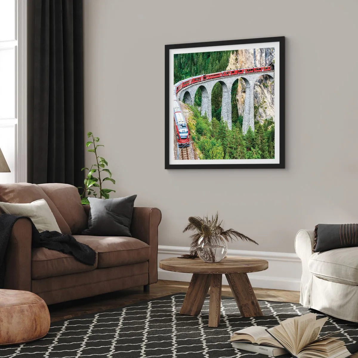 Poster in einem schwarzem Rahmen - Eisenbahn für Bergblick - 50x50 cm
