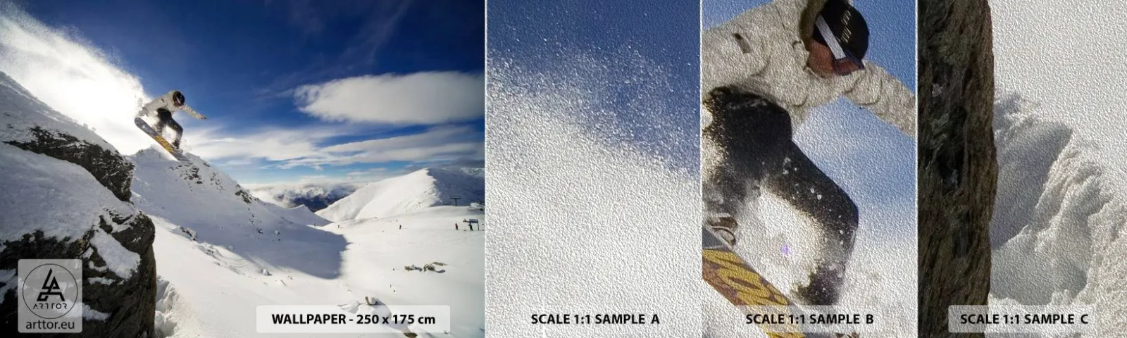 Fototapeten Muster Premium Sand - Freiheit ohne Grenzen - Snowboarden, Landschaft, Berge - 100x30 cm