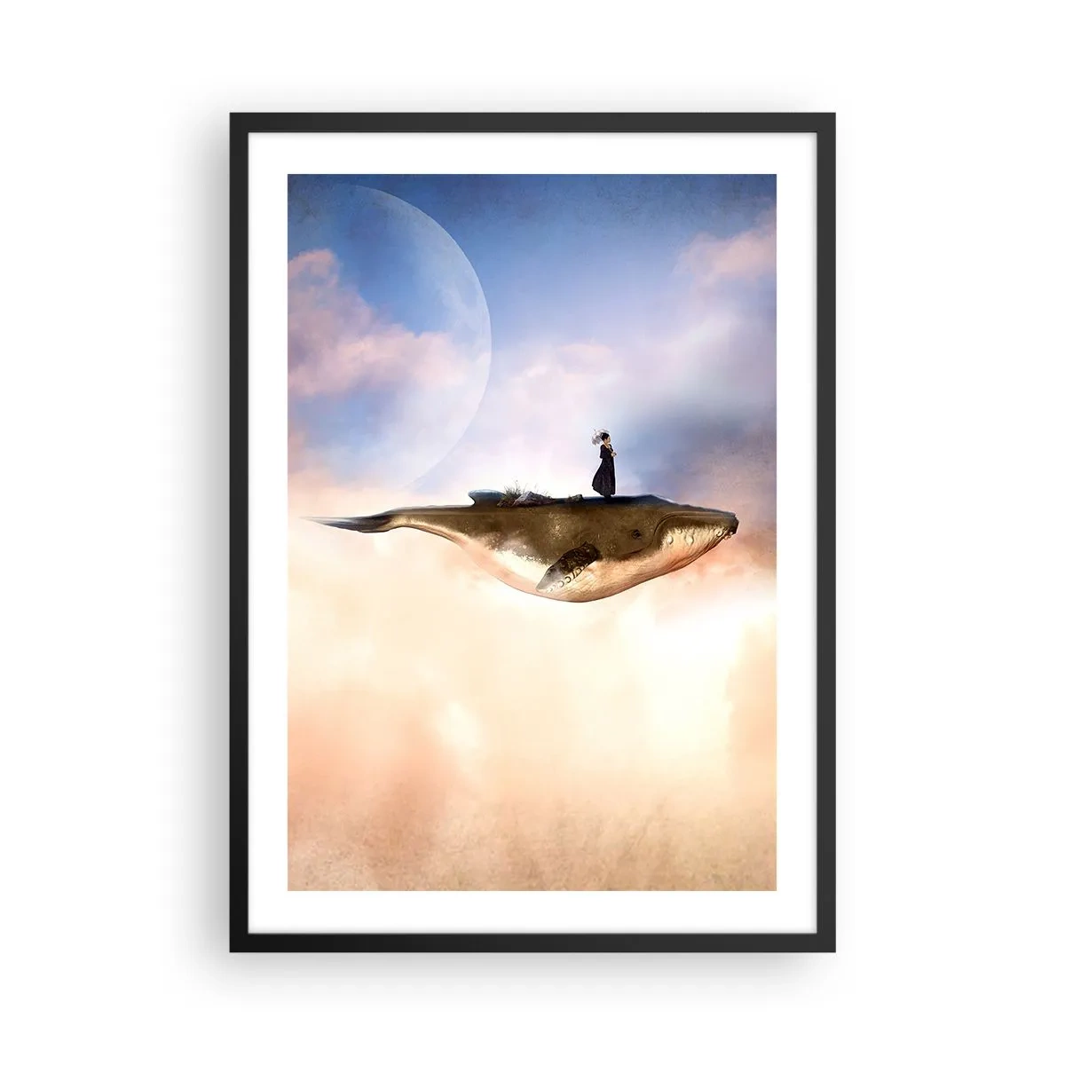 Poster in einem schwarzem Rahmen - Ein surreales Gemälde einer Frau, die auf einem Wal zwischen den Wolken reitet. - 50x70cm - Eine echte Reise - Moderne Wanddekoration für Wohnzimmer und Schlafzimmer ARTTOR
