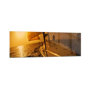 Glasbild - Bild auf glas - Segelboot auf See bei Sonnenuntergang, goldener Schein. - 160x50cm - Ein goldener Abend nach einem bunten Tag - Moderne Wanddekoration für Wohnzimmer und Schlafzimmer ARTTOR