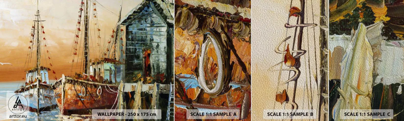 Fototapeten Muster Premium Sand - Friedliche Rückkehr - Fischerboot, Fischereihafen, Stück - 100x30 cm