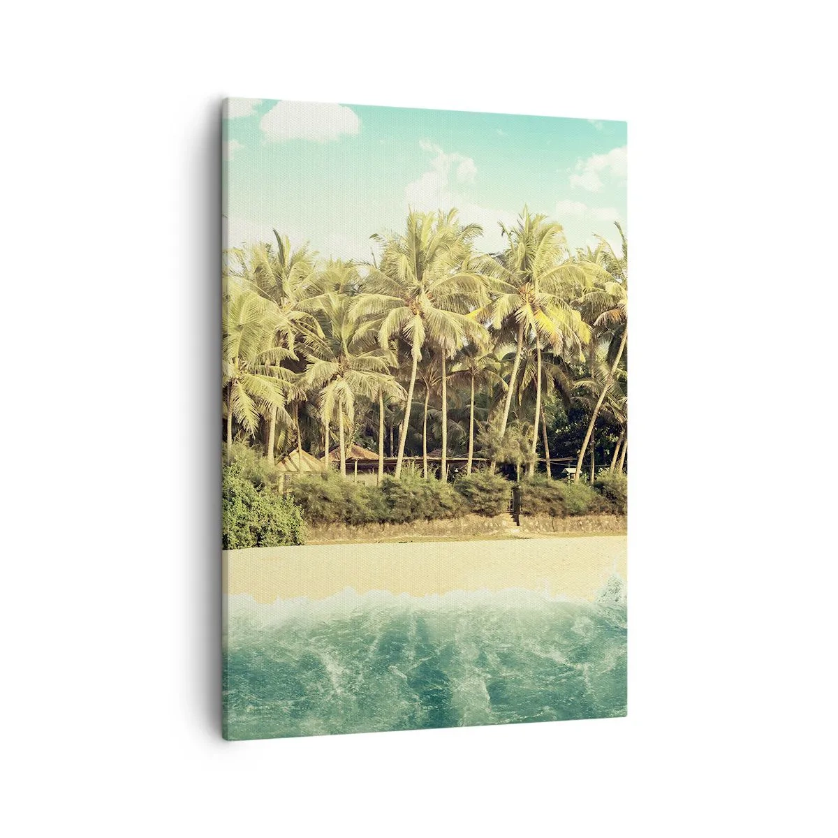 Bild auf Leinwand - Leinwandbild - Tropischer Strand mit Palmen und türkisfarbenem Meer - 50x70cm - Wie wäre es hier? - Moderne Wanddekoration für Wohnzimmer und Schlafzimmer ARTTOR