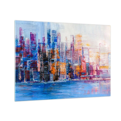 Glasbild - Bild auf glas - Ein farbenfrohes Panorama der Stadt, gemalt mit Pinselstrichen - 70x50cm - Fröhliche Metropole - Moderne Wanddekoration für Wohnzimmer und Schlafzimmer ARTTOR