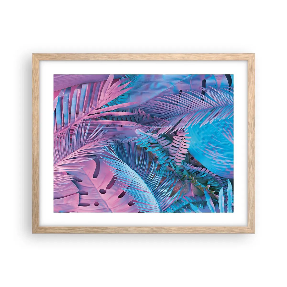 Poster in einem Rahmen aus heller Eiche - Tropen in Rosa und Blau - 50x40 cm