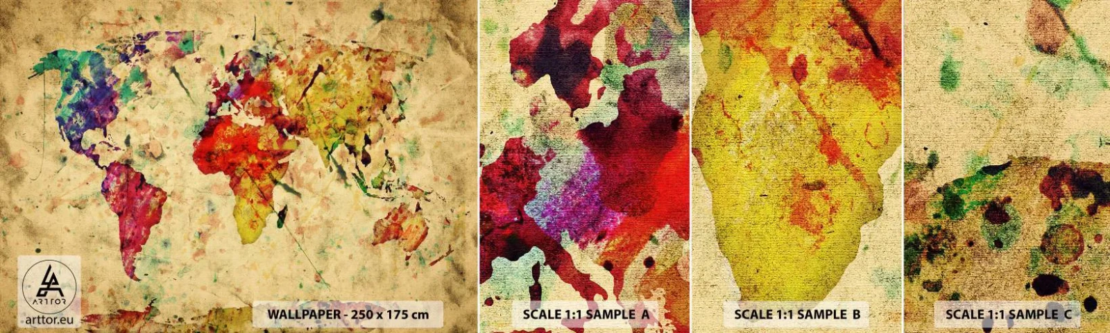 Fototapeten Muster Selbstklebend Deluxe Sticker - Leben wie buntes Kartenpapier - Weltkarte, Kontinente, Reisen - 100x30 cm