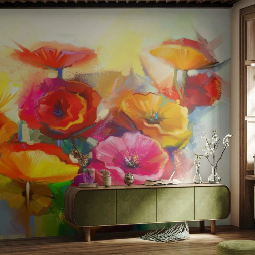 Fototapete Premium Sand - Bunte Mohnblumen in einer abstrakten Gemäldekomposition - 100x70cm - Nicht nur rot - Moderne Wanddekoration für Wohnzimmer und Schlafzimmer ARTTOR