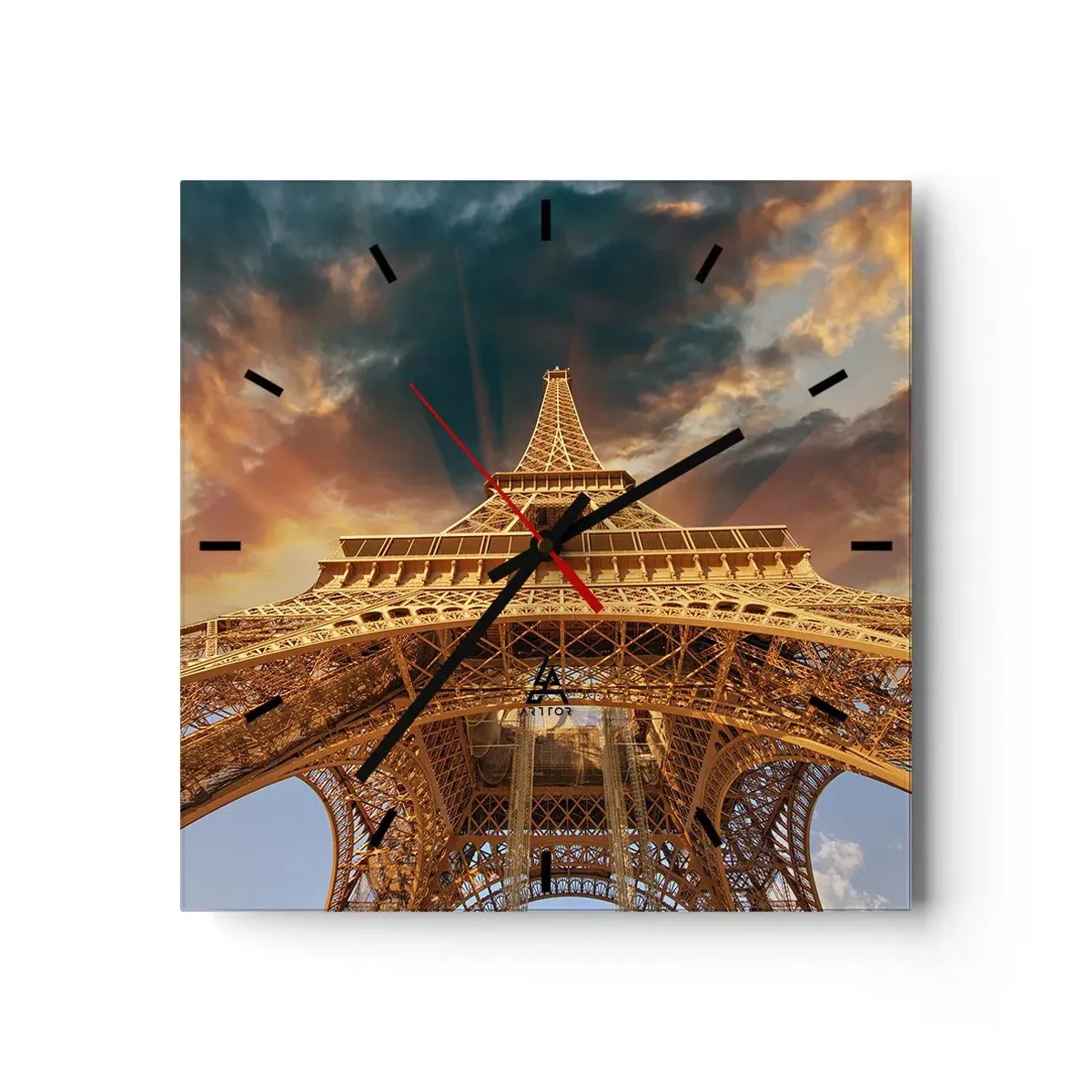 Wanduhr - Glasuhr - Der Eiffelturm von unten vor der Kulisse der untergehenden Sonne - 30x30cm - Wie die Menschheit den Himmel erreichte - Moderne Wanddekoration für Wohnzimmer und Schlafzimmer ARTTOR