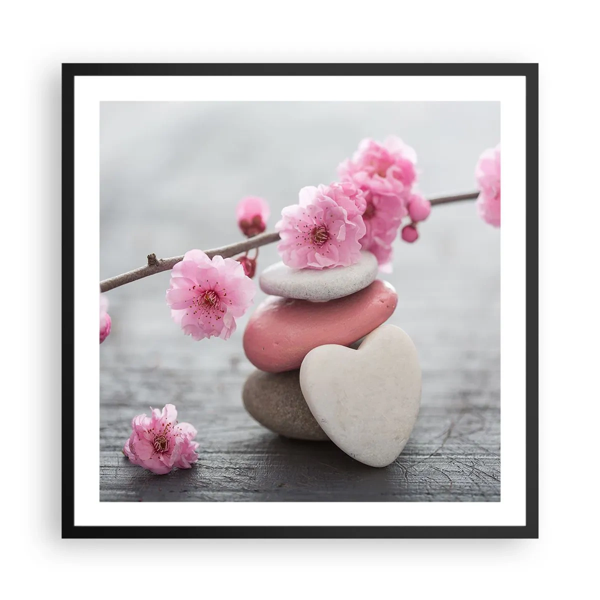 Poster in einem schwarzem Rahmen - Glückseligkeit mit einer Kirschblüte - 60x60 cm