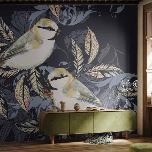 Fototapete Premium Canvas - Vögel auf Zweigen vor ornamentalem Hintergrund - 100x70cm - Gelb-blauer Triller - Moderne Wanddekoration für Wohnzimmer und Schlafzimmer ARTTOR