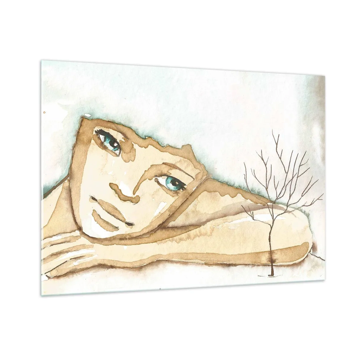 Glasbild - Bild auf glas - Eine subtile Figur einer Frau mit einem Baum vor einem Hintergrund aus Aquarellfarben - 100x70cm - Der Baum der Poesie wächst aus der Stille - Moderne Wanddekoration für Wohnzimmer und Schlafzimmer ARTTOR