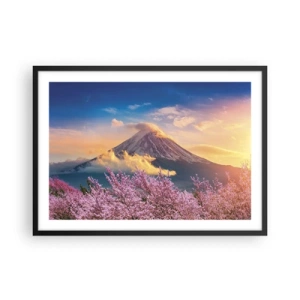 Poster in einem schwarzem Rahmen - Mount Fuji mit Kirschblüten im Hintergrund bei Sonnenuntergang - 70x50cm - Japanische Heiligkeit - Moderne Wanddekoration für Wohnzimmer und Schlafzimmer ARTTOR