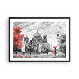 Poster in einem schwarzem Rahmen - Schwarz-Weiß-Szene mit Berlin, einem roten Regenschirm und einem Baum - 70x50cm - Berliner Treffen - Moderne Wanddekoration für Wohnzimmer und Schlafzimmer ARTTOR