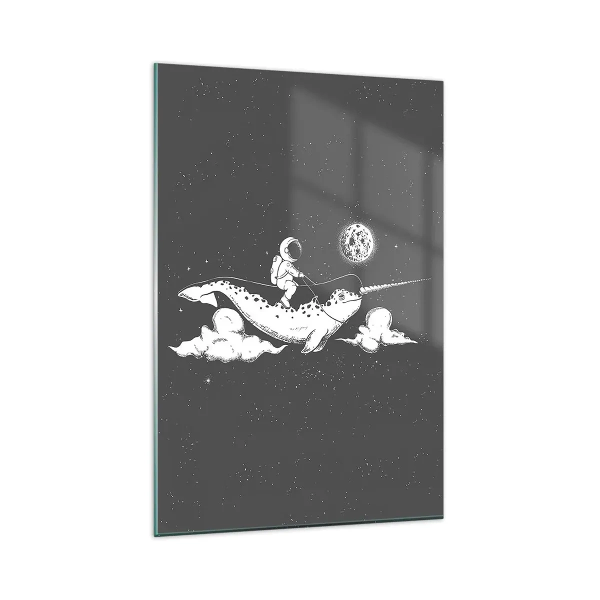 Glasbild - Bild auf glas - Ein Astronaut auf dem Rücken eines Narwals, der in einer Weltraumszene schwimmt. - 80x120cm - Weltraumreiter - Moderne Wanddekoration für Wohnzimmer und Schlafzimmer ARTTOR