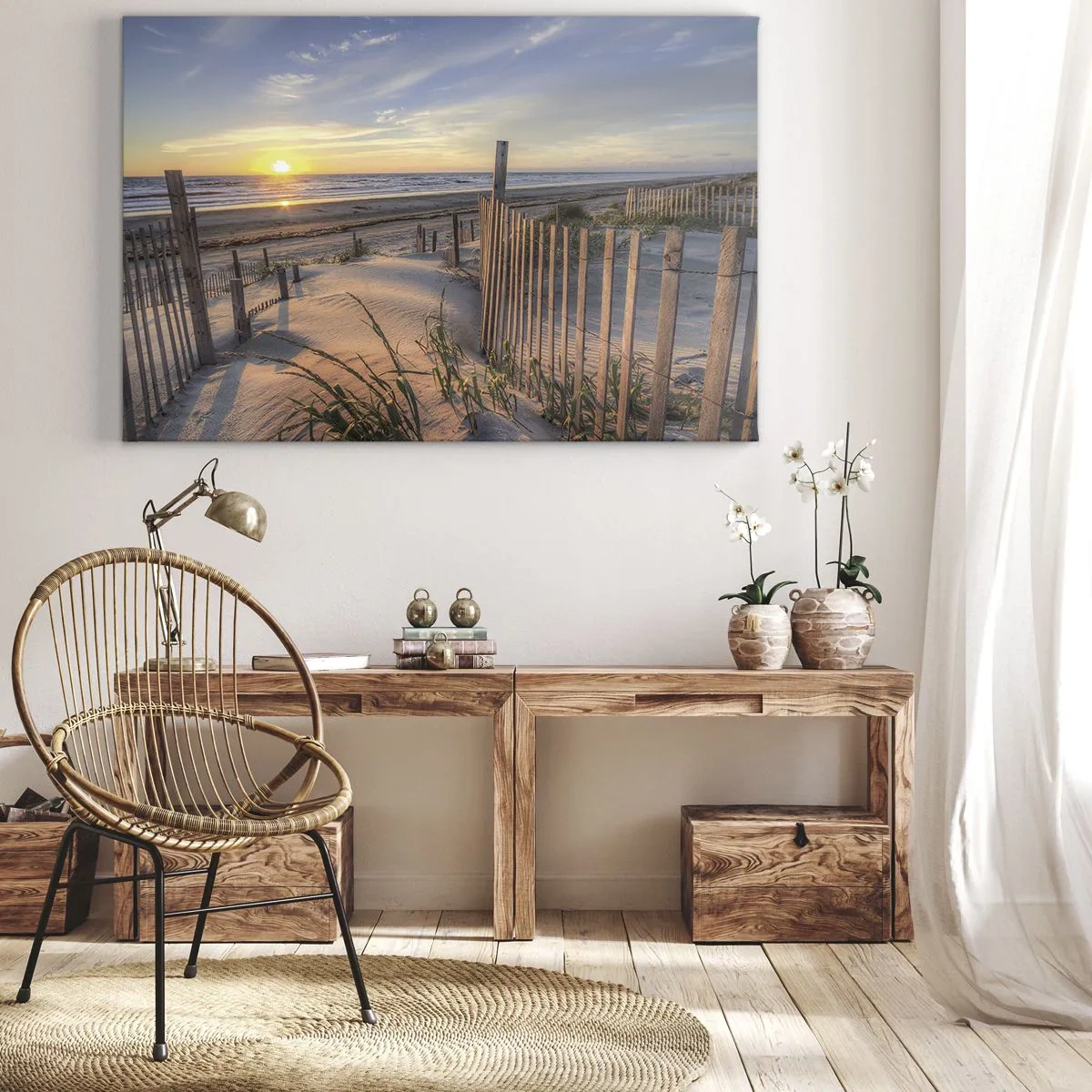 Bild auf Leinwand - Leinwandbild - Sonnenuntergangsstrand mit Holzzaun - 120x80cm - Schein und Schatten des Windes - Moderne Wanddekoration für Wohnzimmer und Schlafzimmer ARTTOR