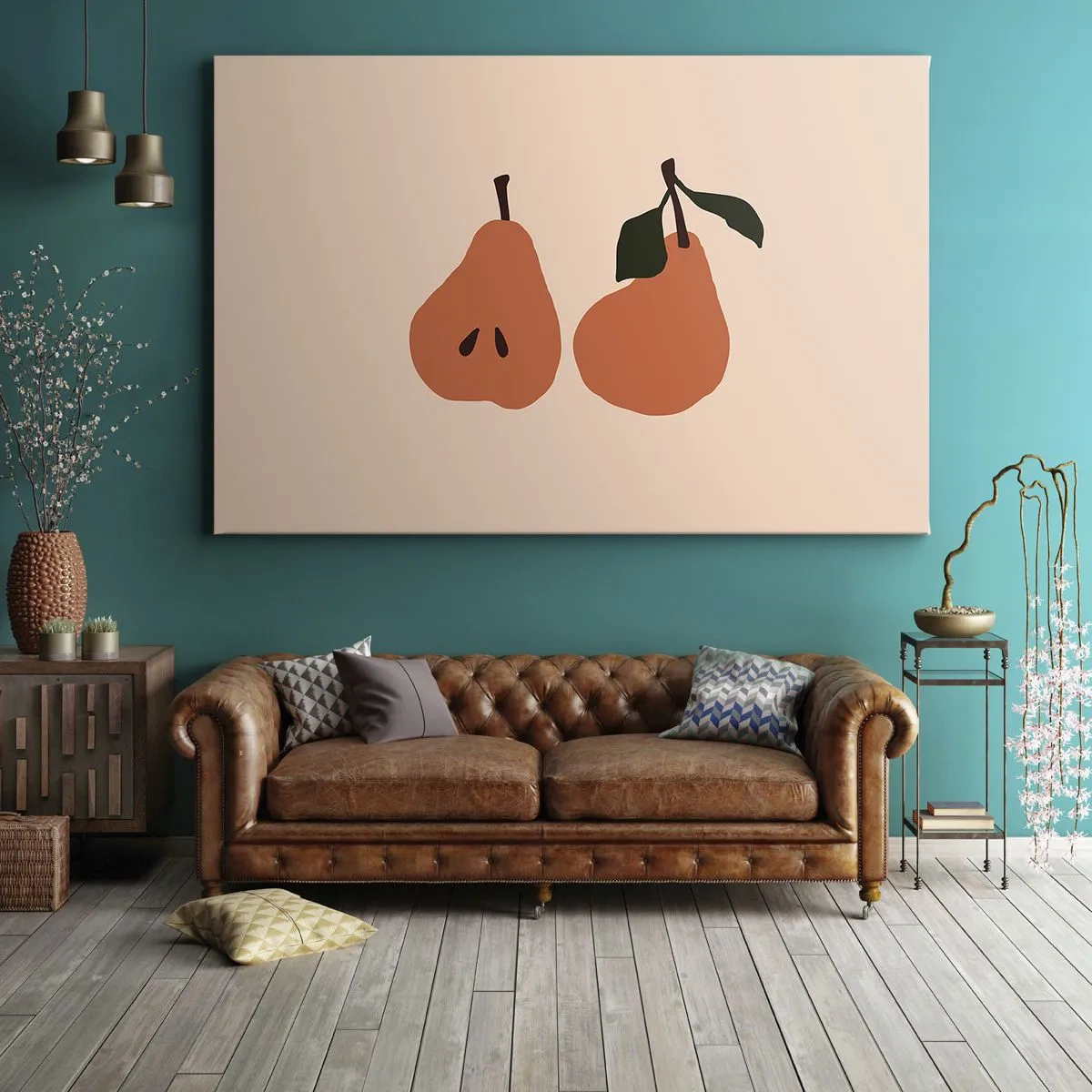 Bild auf Leinwand - Leinwandbild - Eine minimalistische Illustration von zwei Birnen auf beigem Hintergrund. - 70x50cm - Pure Süße - Moderne Wanddekoration für Wohnzimmer und Schlafzimmer ARTTOR