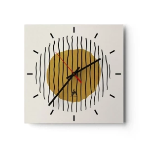 Wanduhr - Glasuhr - Ein minimalistisches Motiv mit einem gelben Kreis und schwarzen Linien. - 30x30cm - Abstraktion, die vor Hitze zittert - Moderne Wanddekoration für Wohnzimmer und Schlafzimmer ARTTOR