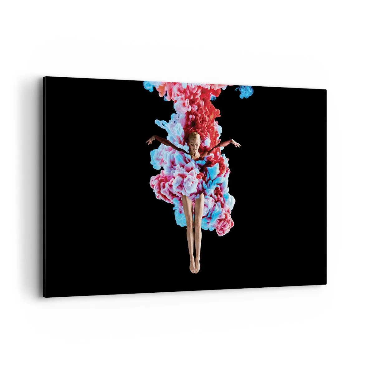 Bild auf Leinwand - Leinwandbild - Eine Tänzerin, umgeben von buntem Rauch auf schwarzem Hintergrund - 120x80cm - In voller Blüte - Moderne Wanddekoration für Wohnzimmer und Schlafzimmer ARTTOR