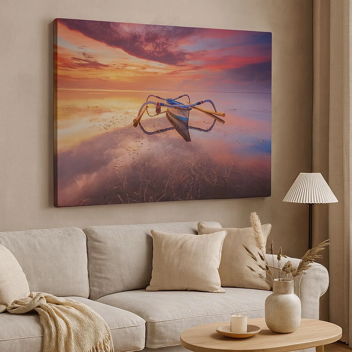 Bild auf Leinwand - Leinwandbild - Ein Boot auf ruhigem Wasser bei Sonnenuntergang - 70x50cm - Die Ruhe eines tropischen Abends - Moderne Wanddekoration für Wohnzimmer und Schlafzimmer ARTTOR