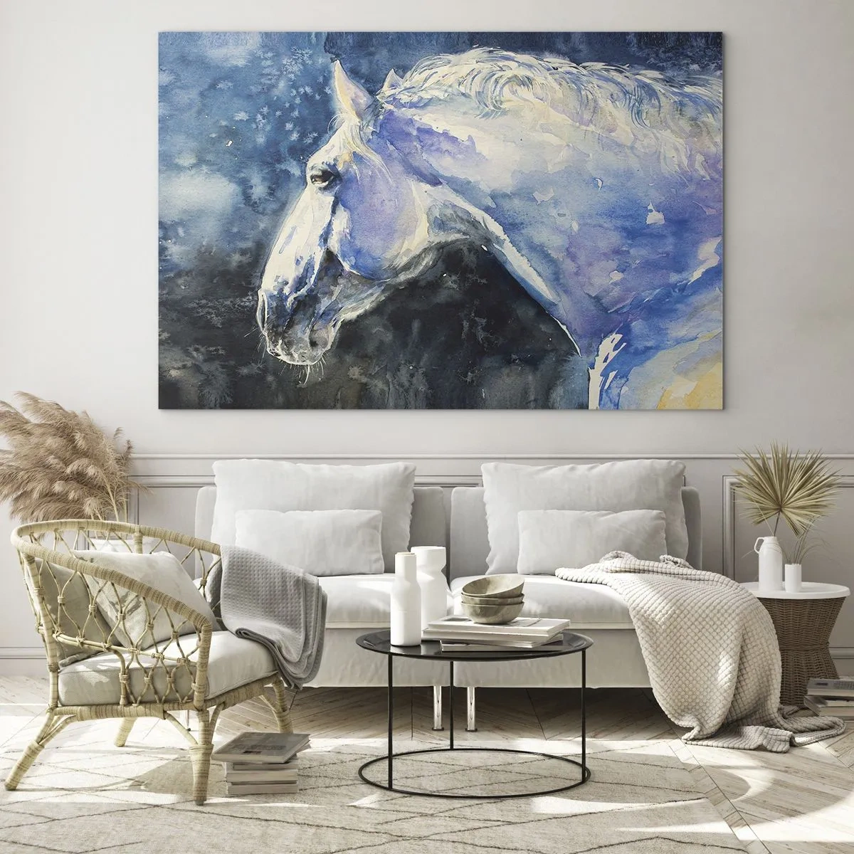 Glasbild - Bild auf glas - Aquarellporträt eines Pferdes in Blautönen - 120x80cm - Porträt in blauem Glanz - Moderne Wanddekoration für Wohnzimmer und Schlafzimmer ARTTOR