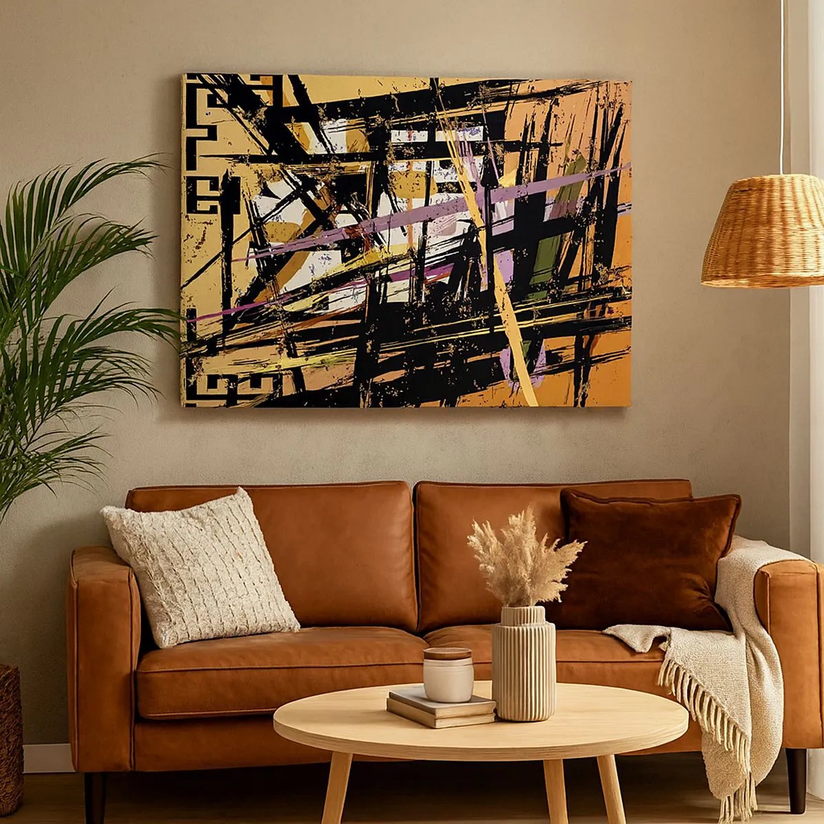 Bild auf Leinwand - Leinwandbild - Abstrakte Linien und Formen auf beigem Hintergrund - 70x50cm - Ein scharfer Schnitt - Moderne Wanddekoration für Wohnzimmer und Schlafzimmer ARTTOR