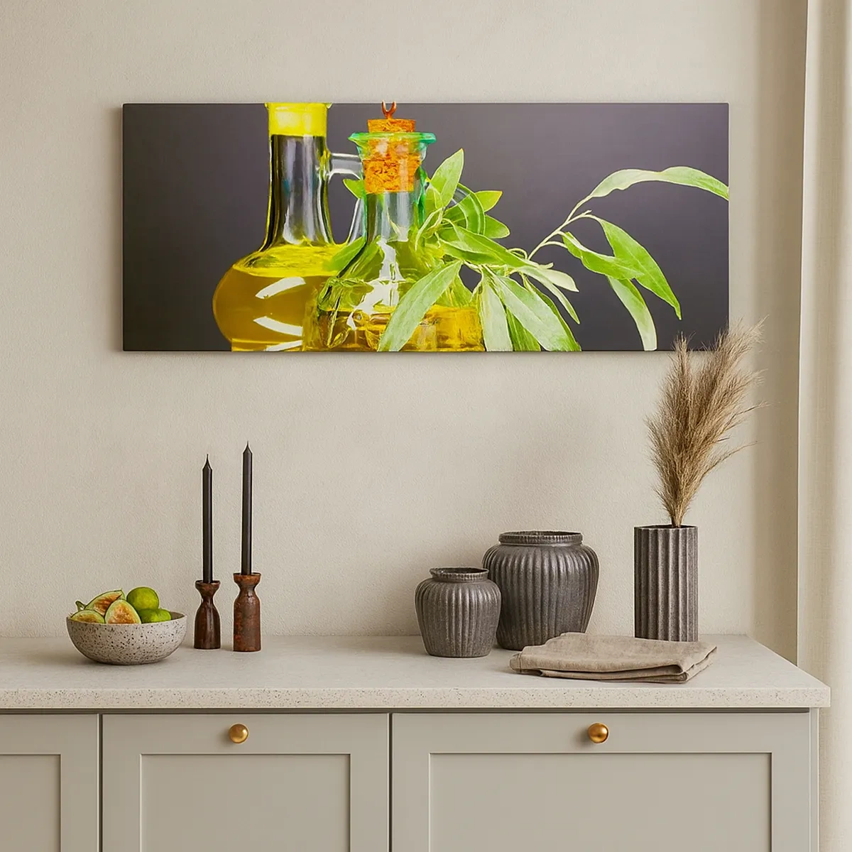 Bild auf Leinwand - Leinwandbild - Stillleben mit Oliven und Olivenöl - 30x30 cm