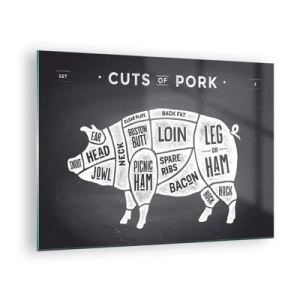 Glasbild - Bild auf glas - Diagramm von Schweinefleischstücken auf einer schwarzen Tafel - 70x50cm - Metzger Grundierung - Moderne Wanddekoration für Wohnzimmer und Schlafzimmer ARTTOR
