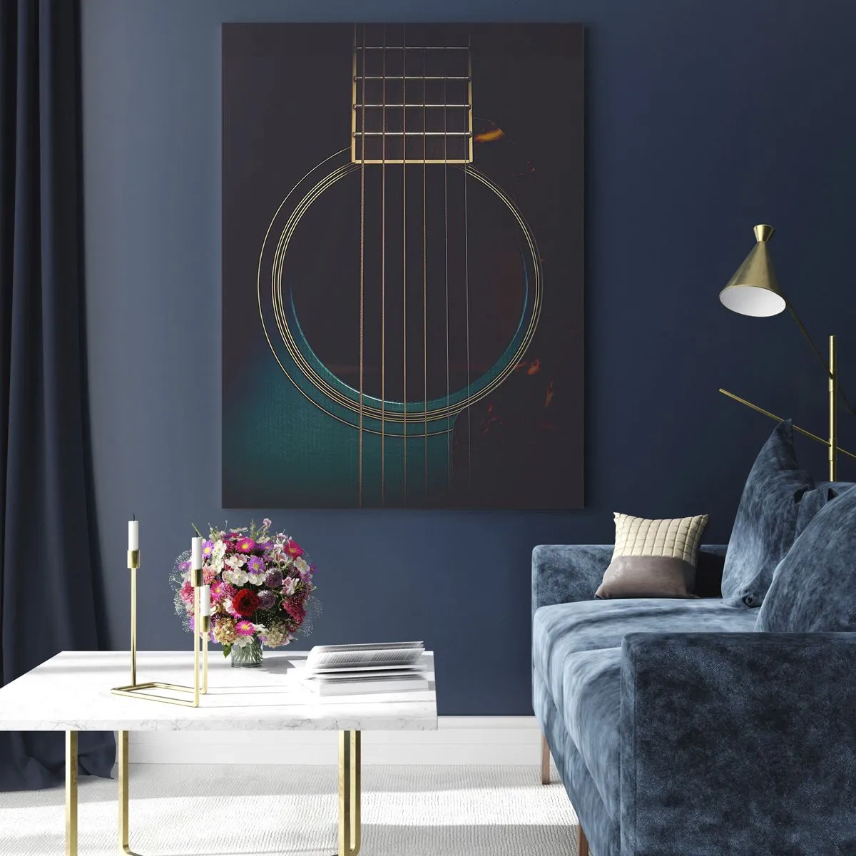 Glasbild - Bild auf glas - Nahaufnahme einer schwarzen Akustikgitarre mit Saitendetails - 50x70cm - Einen Moment bevor es ertönt - Moderne Wanddekoration für Wohnzimmer und Schlafzimmer ARTTOR